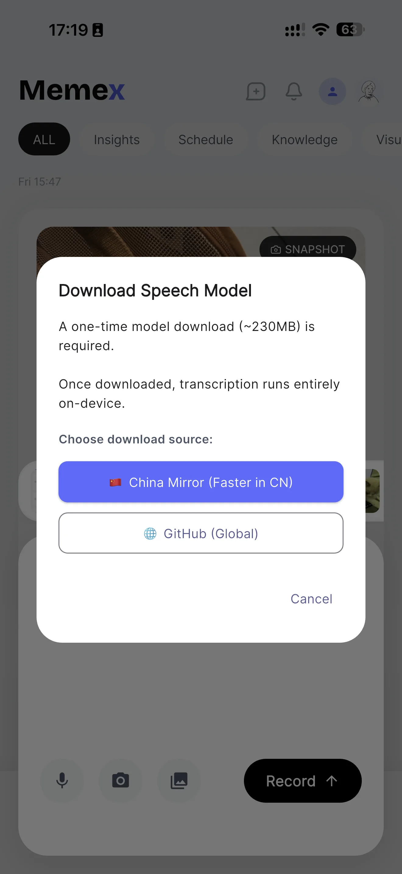 Memex dialog asking the user to download a local speech model