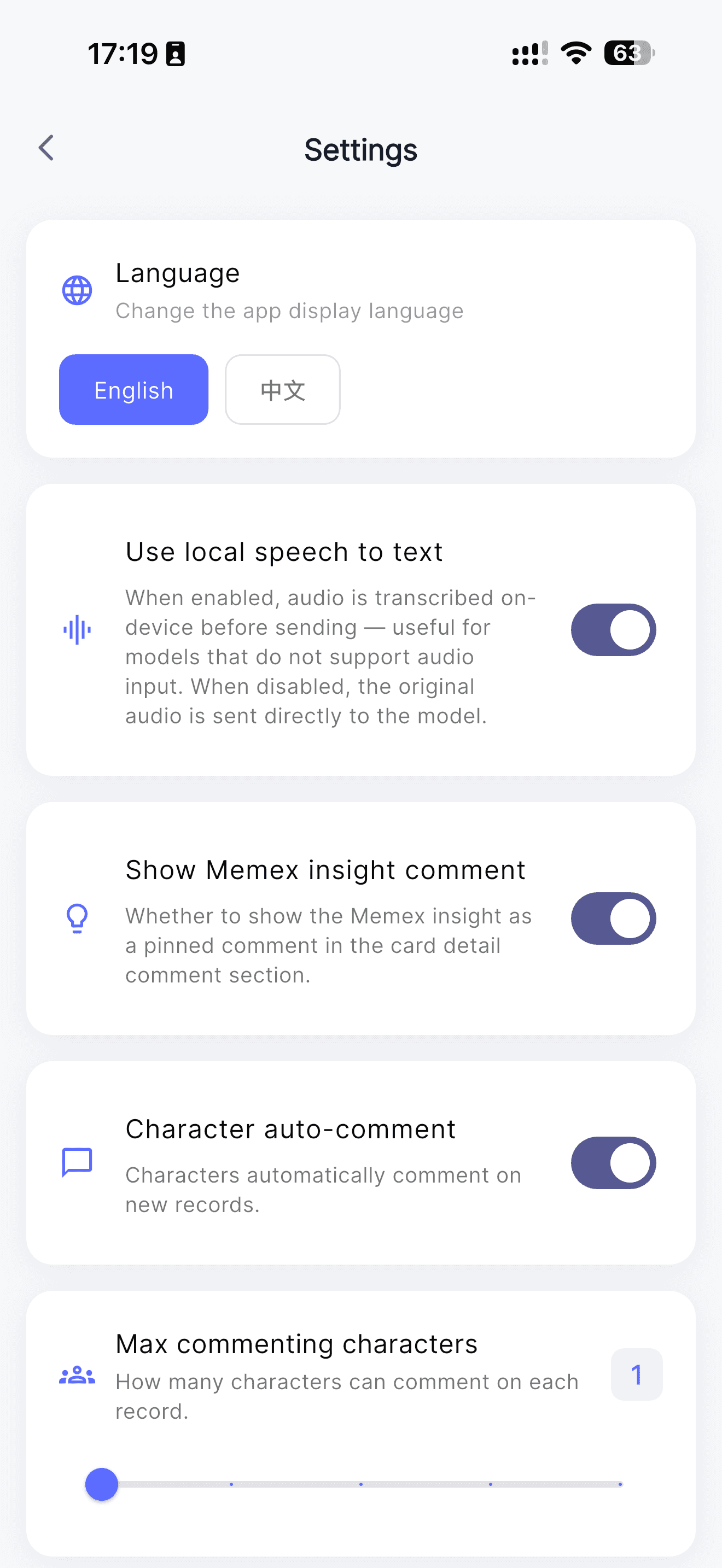 Memex settings screen showing the Use local speech to text option