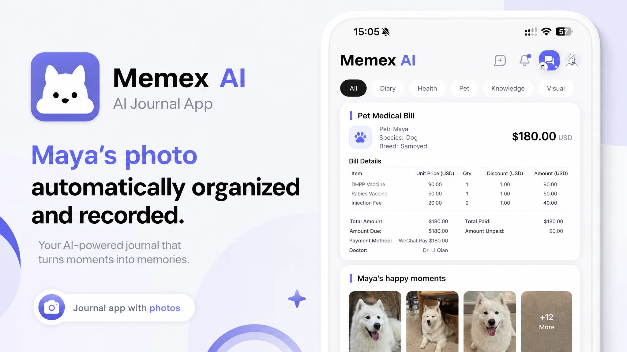 Memex AI journal app with photos showing Maya's photo records organized into a timeline