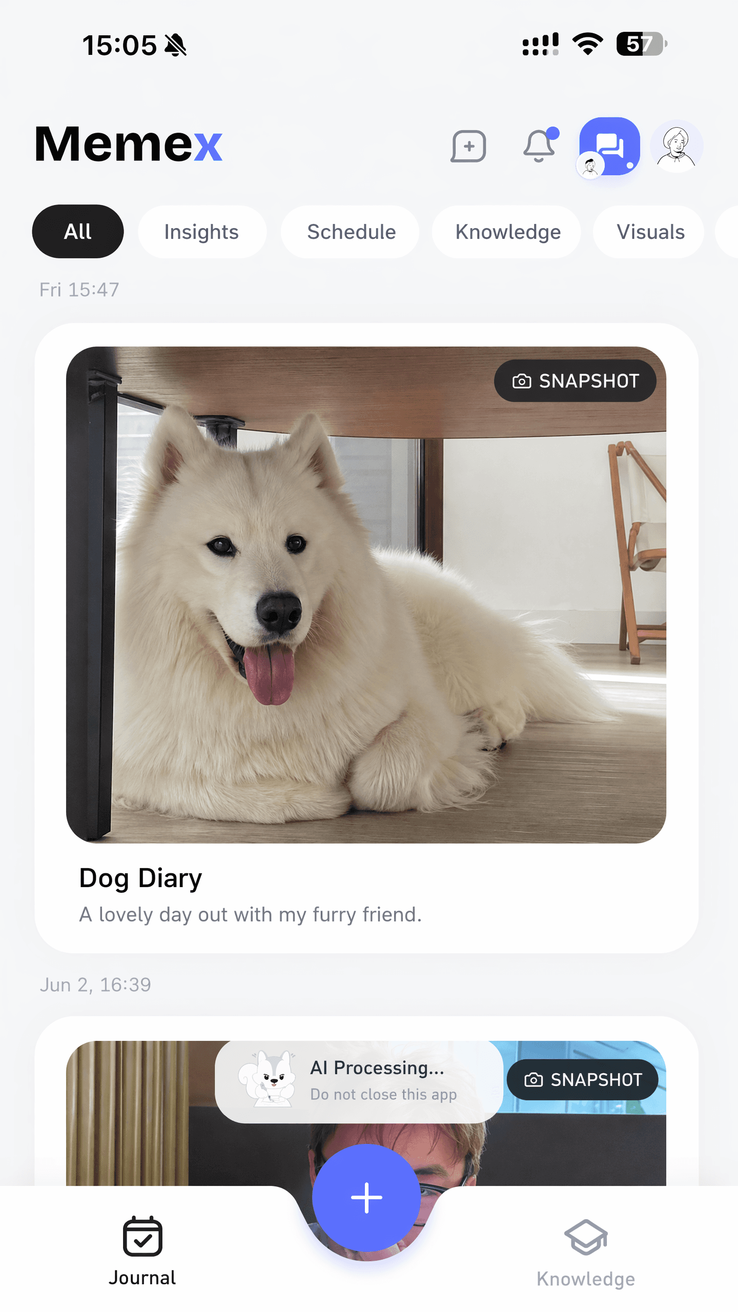 Memex mobile screen showing a dog diary photo entry in a photo diary timeline