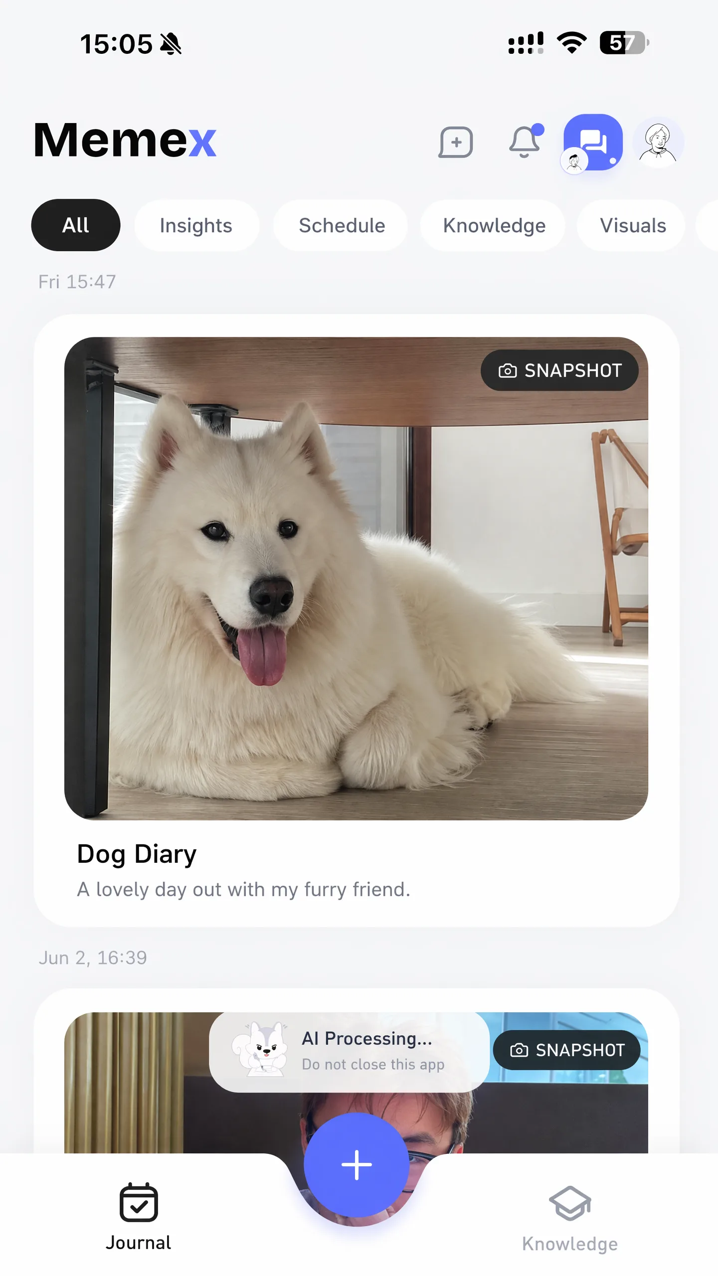 Memex mobile screen showing a dog diary photo entry in a photo diary timeline