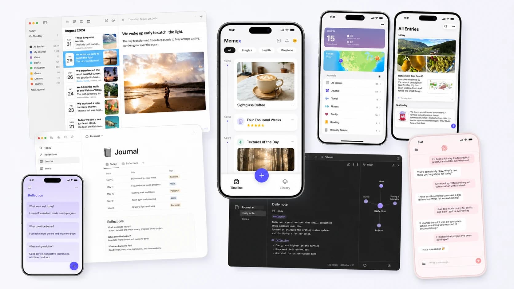 Seven AI journal apps compared across mobile and desktop, with Memex centered among Day One, Apple Journal, Notion, Obsidian, Reflection, and Rosebud