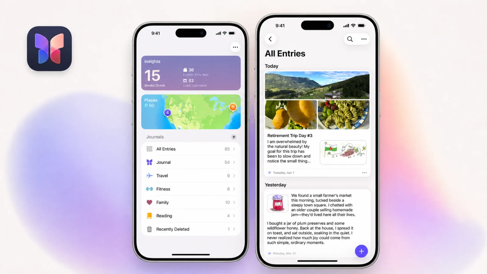 Apple Journal shown across two iPhone screens with journal insights, places, and photo entries
