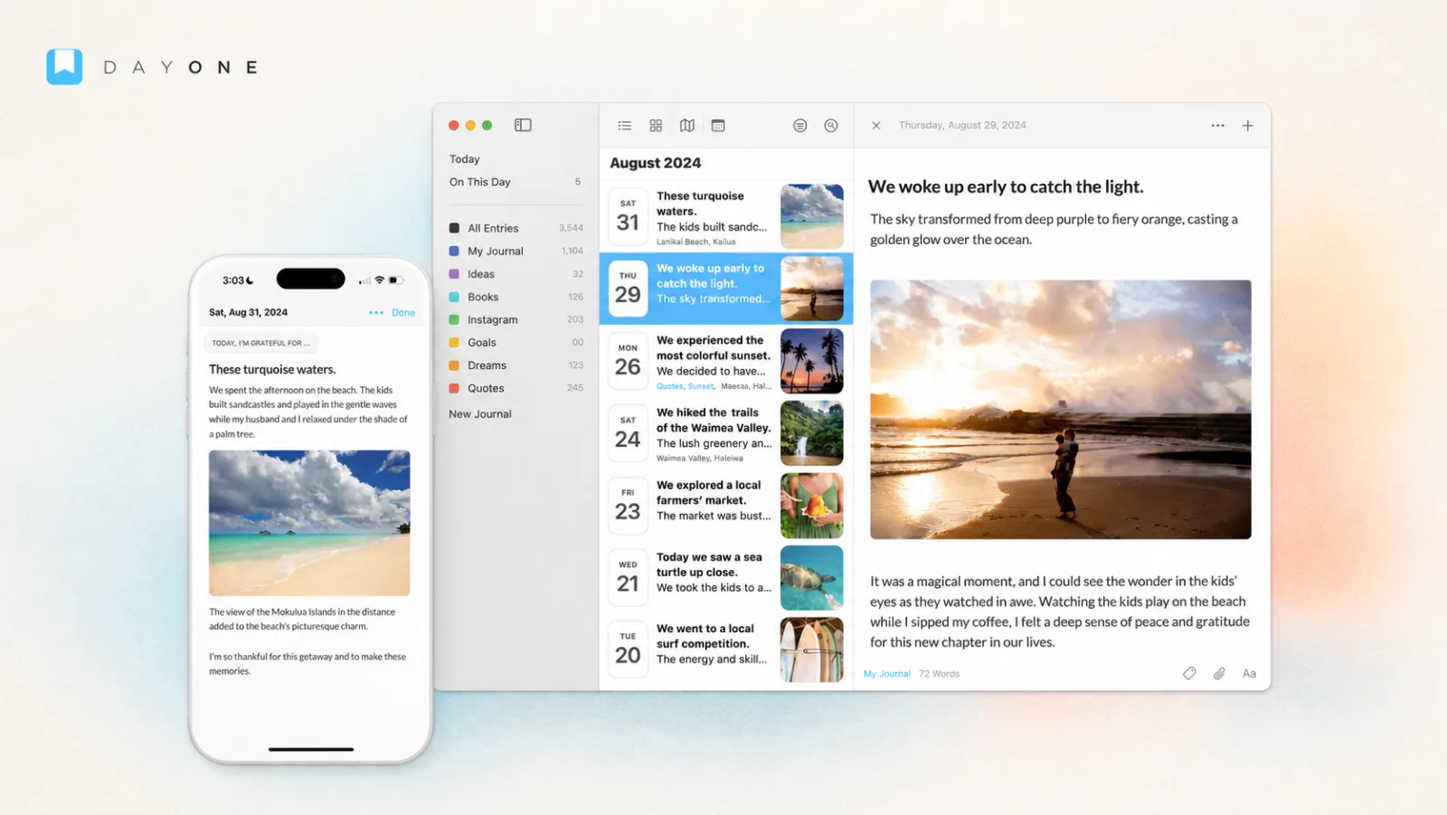Day One journal open on iPhone and Mac, showing photo-rich entries in its blue-and-white interface