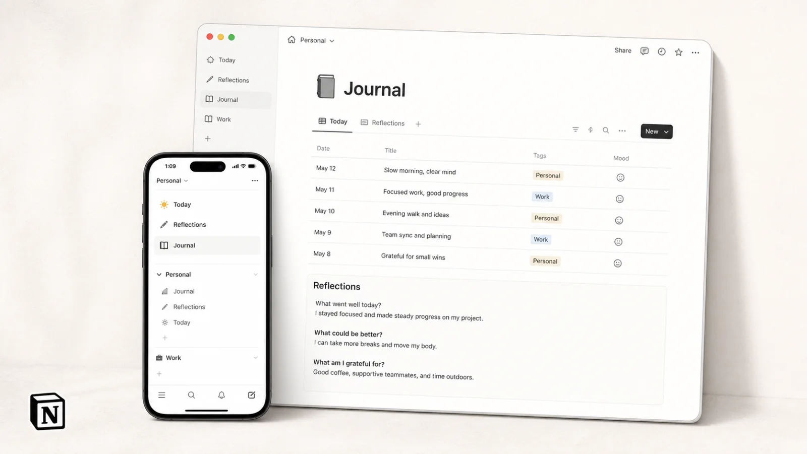 A personal journal built in Notion, shown as a dated reflection database across desktop and mobile