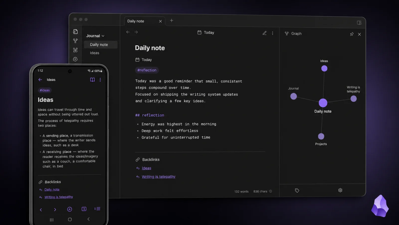 An Obsidian daily note shown on desktop and mobile with Markdown, backlinks, and a linked knowledge graph