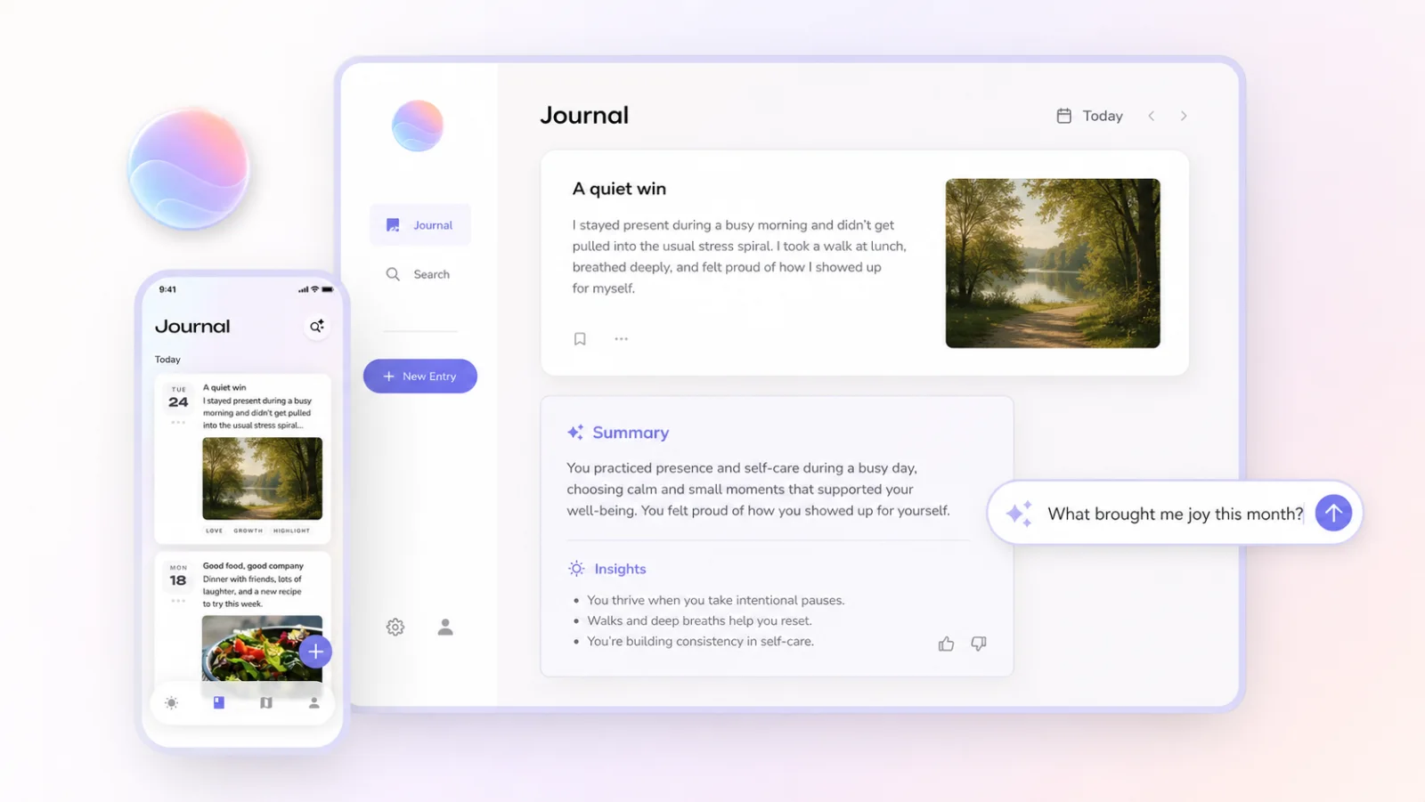 Reflection journal shown across desktop and mobile with an AI summary, personal insights, and a search across past entries