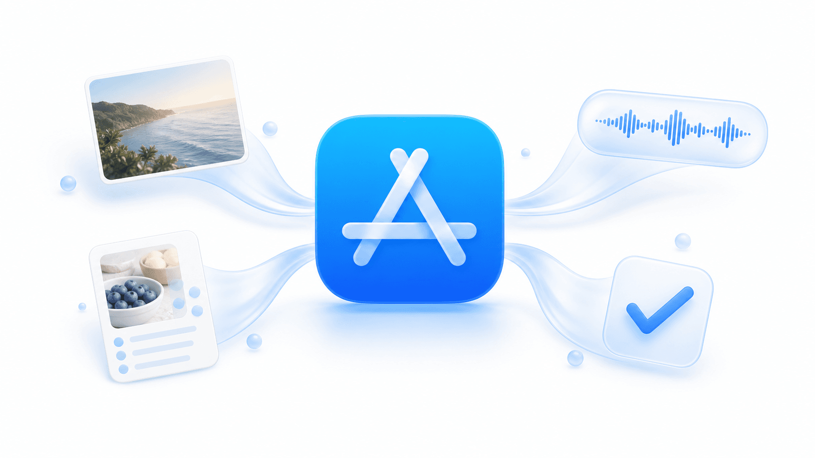 An App Store icon illustration with photo, voice, recipe, and reminder fragments flowing toward it